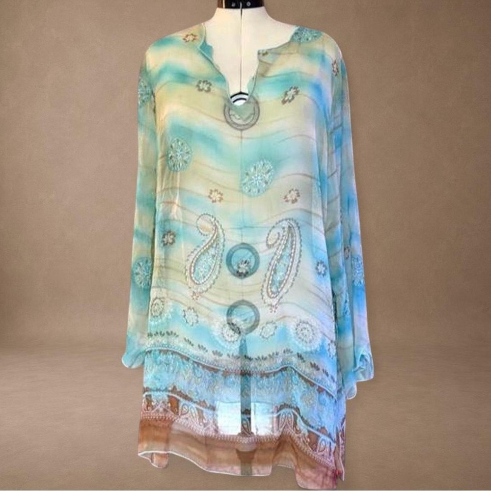 Boho Sheer Paisley Tunic Top 3X Plus Size Turquoise Floral Beach Cover Up